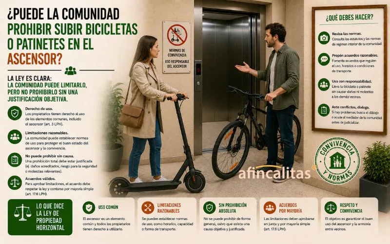 ¿Puede la comunidad prohibir subir bicicletas o patinetes en el ascensor?